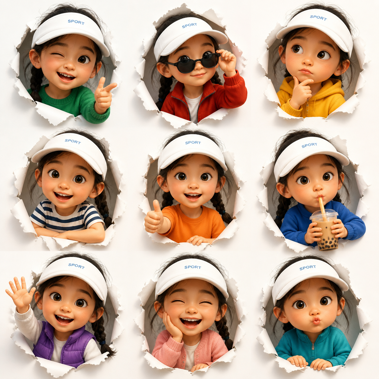 yuan_kid · Pixar 3D · SPORT visor 9/9 自动 carry-through 验证 wardrobe-as-identity
