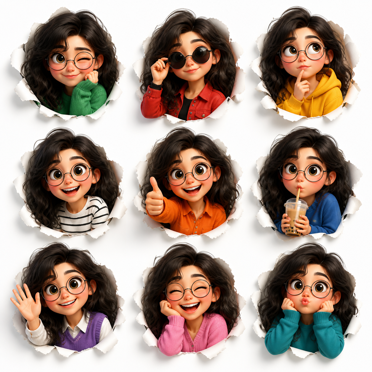 3×3 Expression Sheet · Torn Paper Circles · Pixar 3D